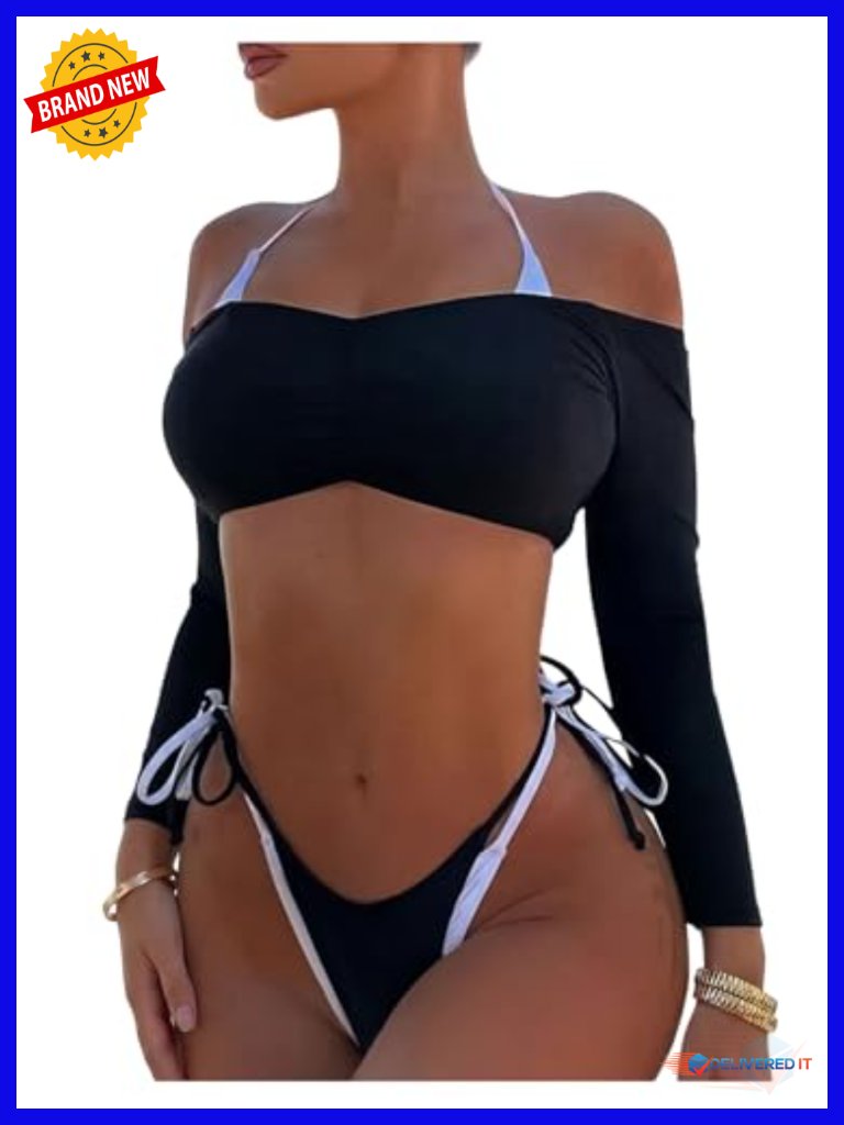 3 Piece Halter String Bikini Set With Cover Up Top - Colorblock Swimsuits
